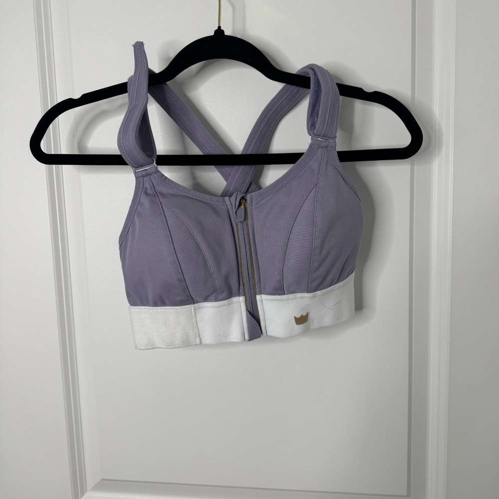 SHEFIT Lavender and White Front-Zip High Support ultimate Sports Bra small